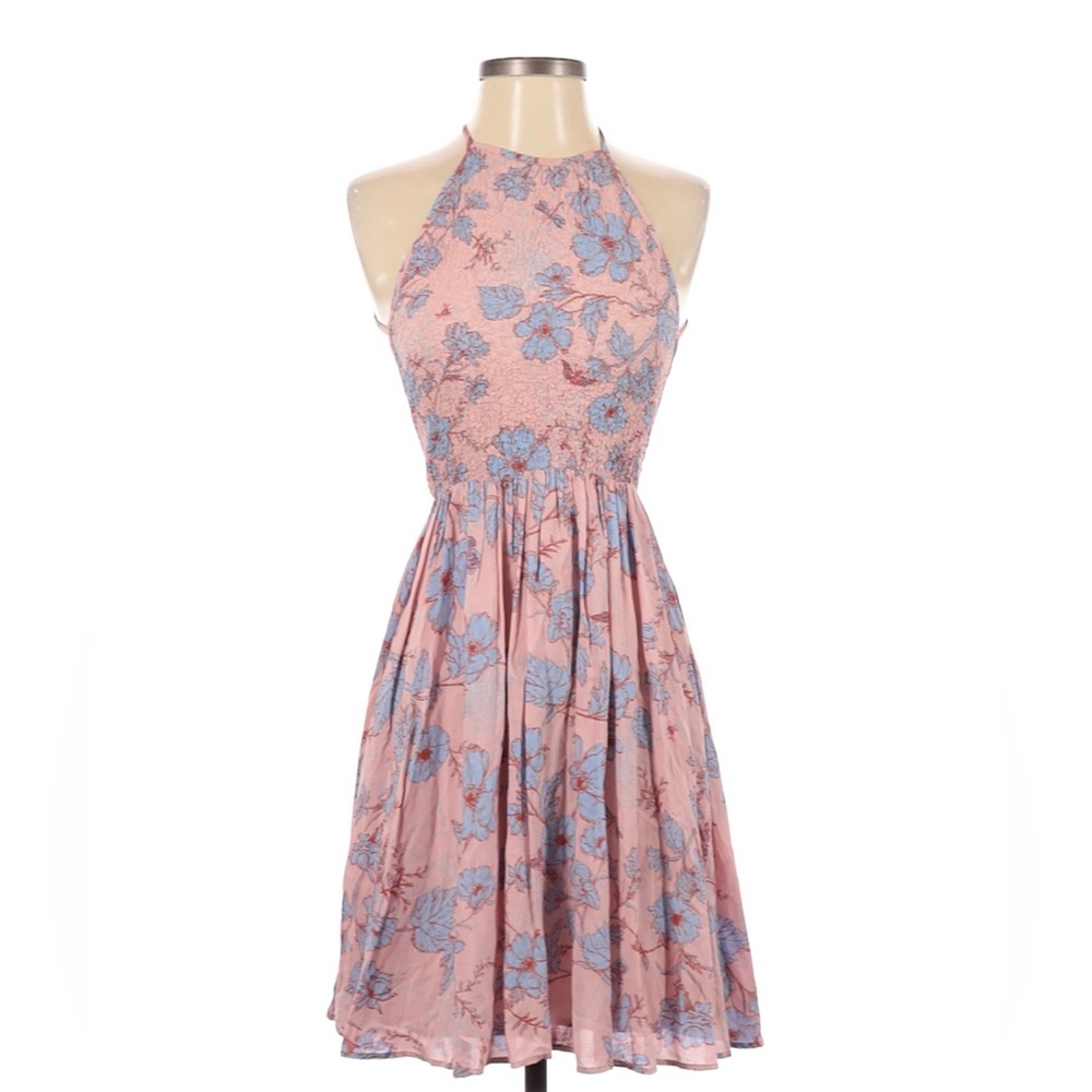 NWT Pink Halter Dress with Blue Flowers